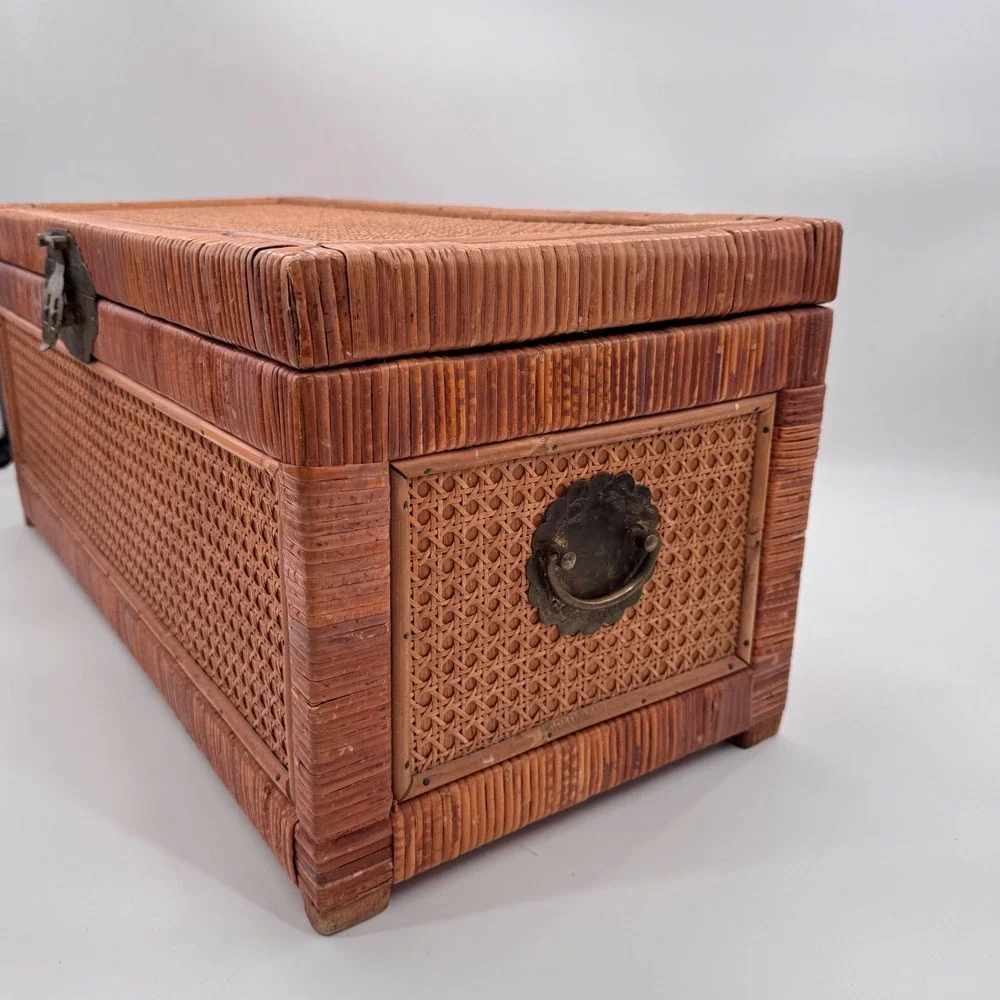 Vintage Chinese Cane & Rattan Storage Trunk Brass Hardware 27